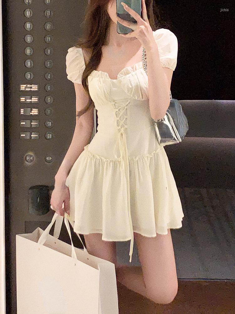 Casual Dresses 2023 Summer Pure Color Y2k Mini Dress Women Fairy Puff Sleeve Short Party Korean Fashion Elegant Female Chic
