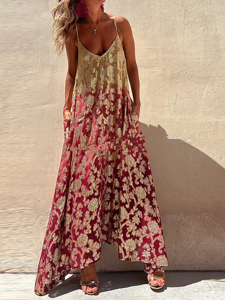 Basic Casual Dresses Spring Summer Patchwork Pockets Bohemian Lady Dress Women V Neck Sleeveless Party Club Chic Print Maxi Vestido 230619