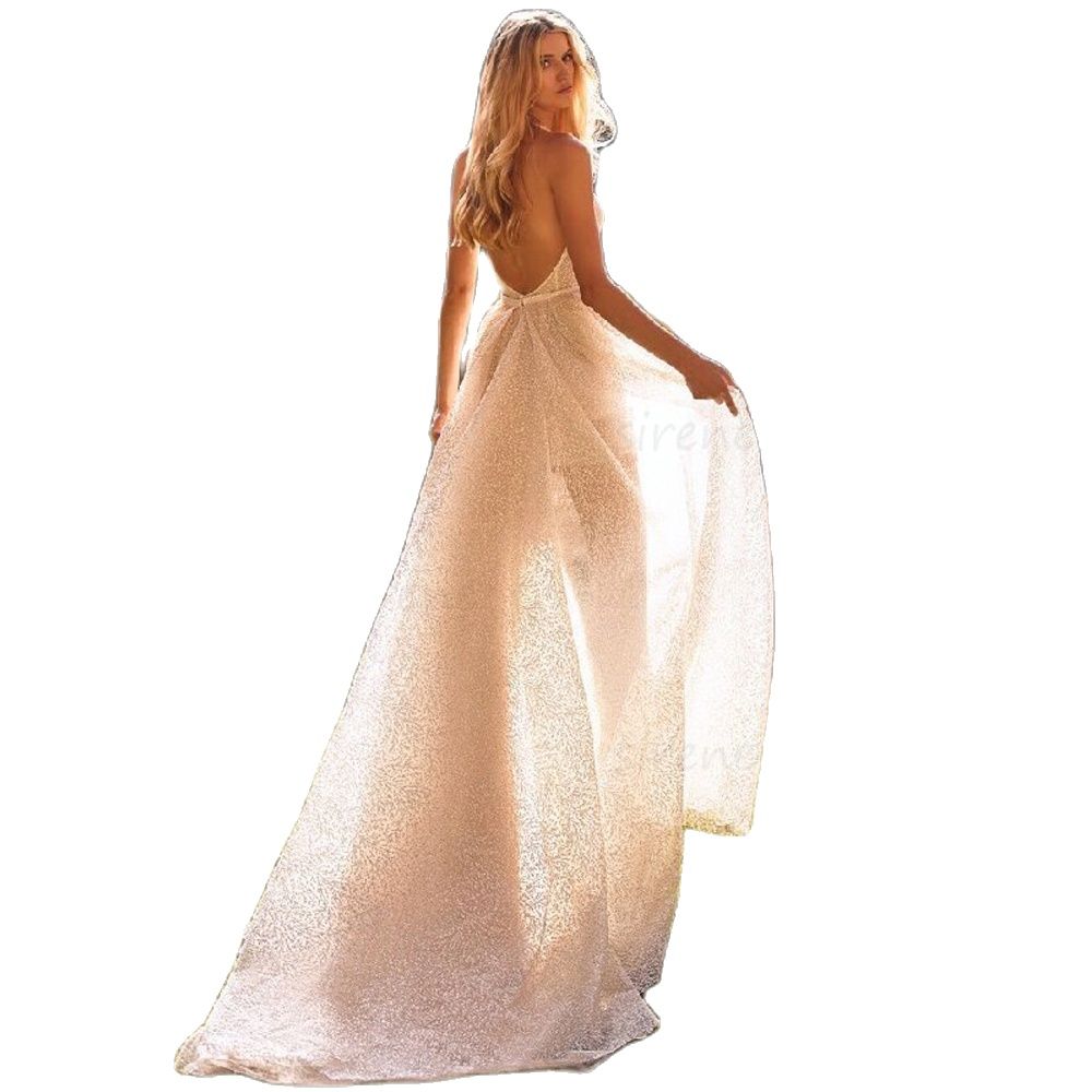 Shiny Halter Short A Line Wedding Dresses Backless Sheath Mini Bridal Gown with Detachable Train Deep V Neck Ruched Vestidos De Novia