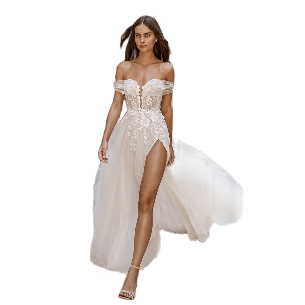 Chic Thigh High Slits Boho Wedding Dresses for Women Boat Neck Beach Bride Gown Lace A Line Tulle Vestido de Novia Robe De Mariee