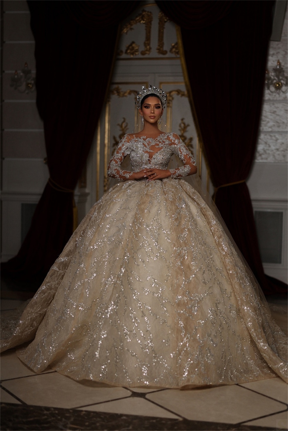 Ful Wedding Dresses For Women Champagne Glitter Sequins Appliques Long Sleeve Bride Gowns Ball Gown Robe De Mariee