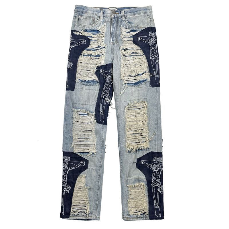 Men's Jeans Spring Y2K Men's Vintage Ripped Jeans Clothes Fashion Trousers Cross Splicing Streetwear Straight Baggy Trousers Pants For Men 2