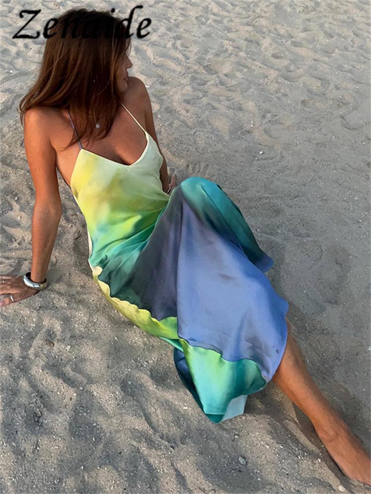 Tie Dye Satin Backless Maxi Casual Summer Beach Party Dress For Women Polyester - Multi Color B4