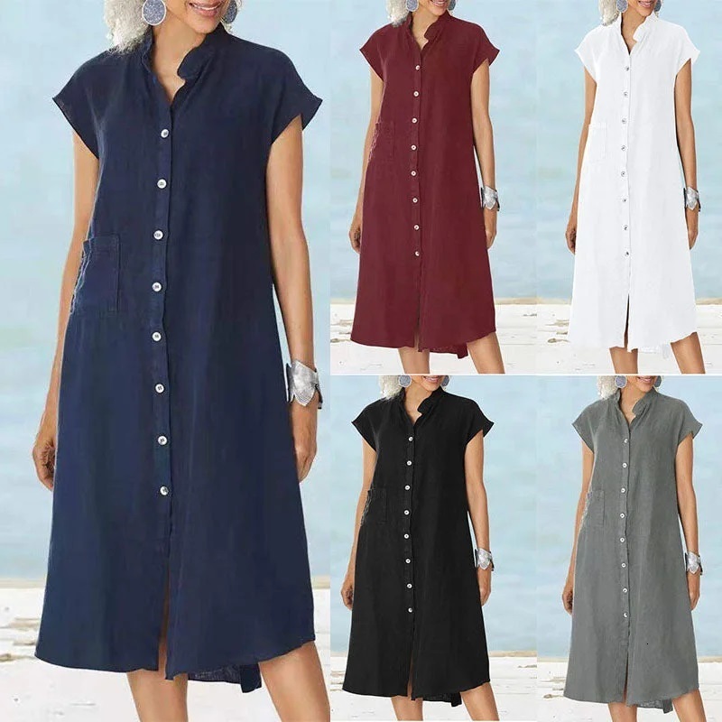 Basic Casual Dresses Womens Buttondown Cotton En Loose Dress With Pocket Ladies Solid Buttoned Cover UP Shirt