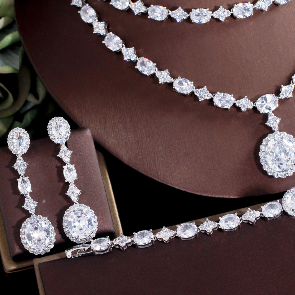 Pins Brooches ThreeGraces 4pcs Elegant Geometric Cubic Zirconia Bohemian Two Layers Necklace Bridal Wedding Party Jewelry Set for Women TZ721 230619