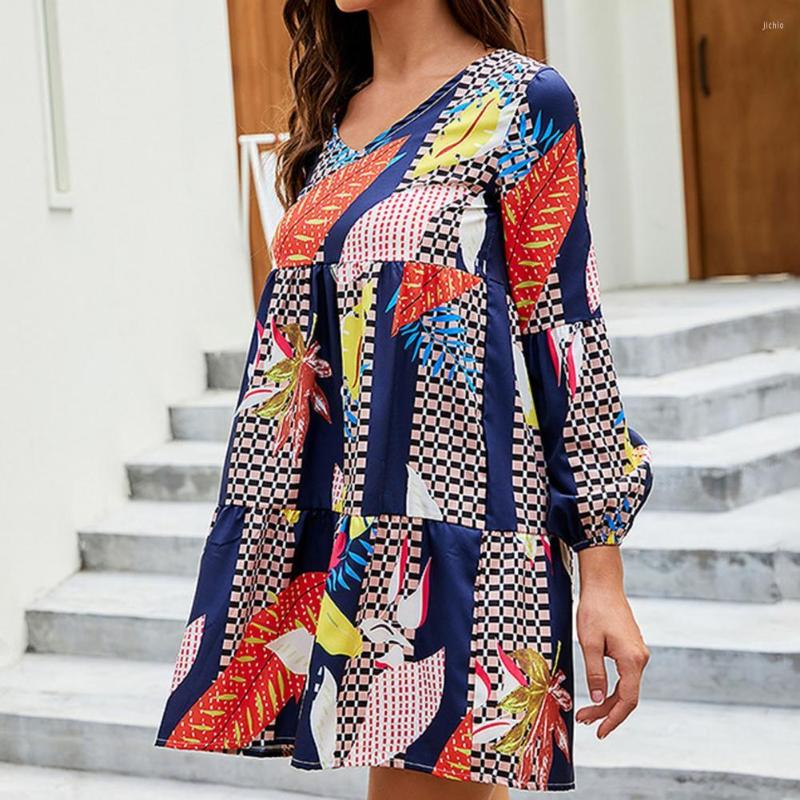 Casual Dresses Summer Dress 2024 Womens V-Neck Mid Rise Flowy Hem Mini Long Sleeve Leaf Print Women Ladies Clothing
