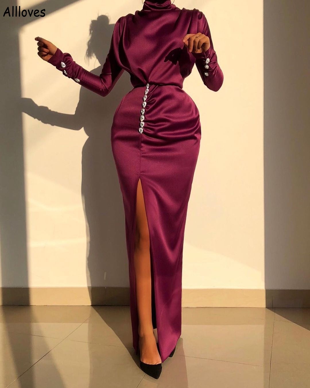 

Saudi Arabia Middle East Kaftan Muslim Evening Dresses With Long Sleeves Sparkle Rhinestones Sheath Women Special Occasion Prom Gowns Side Slit Formal Wear AL8770, Fuchsia