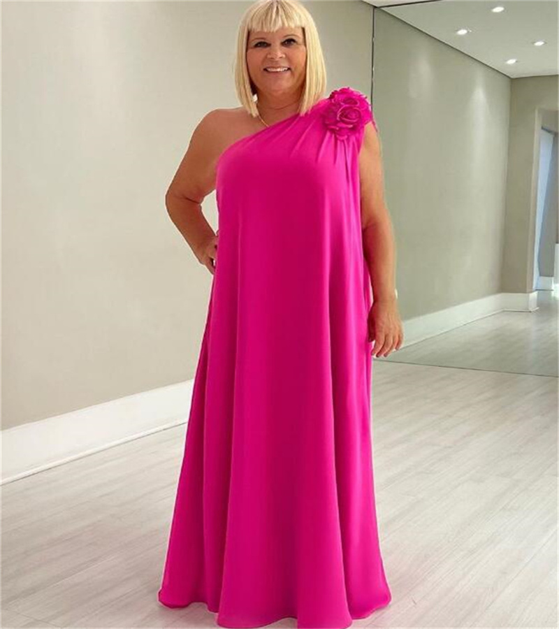 Hot Pink Plus Size Mother Of The Bride Dress One Shoulder Florals Elegant Boho Beach Wedding Guest Dress Evening Prom Party Dresses 2023 Groom Mom Dre