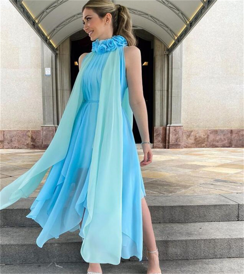 Contrast Blue Maxi Evening Dress 2023 Elegant High Neck Chiffon Flower Collar Boho Prom Dresses Chic Beach Arabic Modest Formal Vestidos De Noche Duba