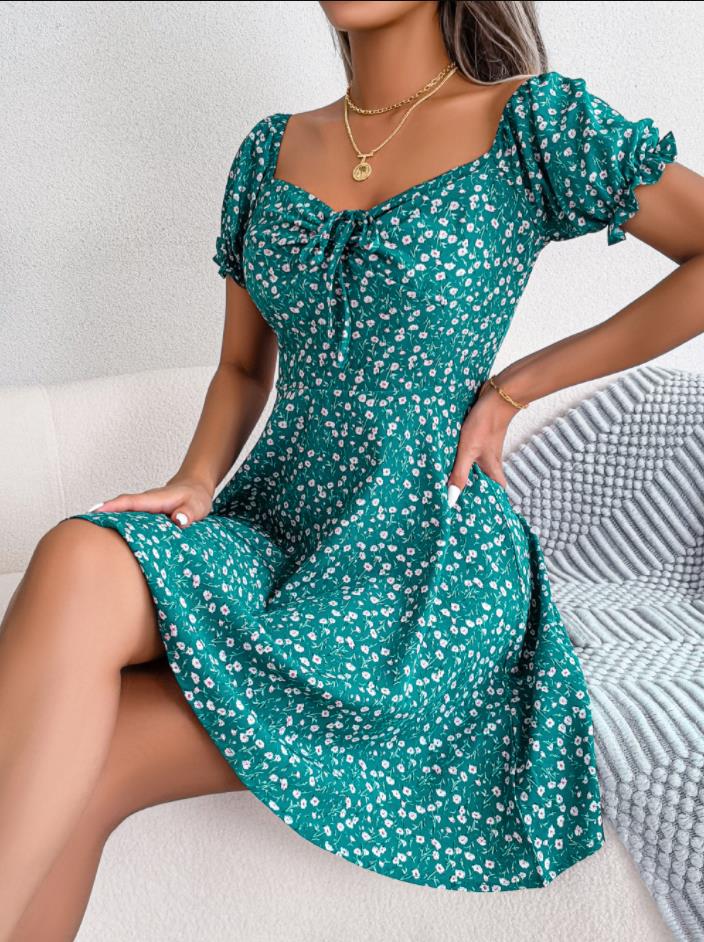 Designer New Fashion Women Casual Dresses Ruffles Short Sleeve Floral Print A Line Dress