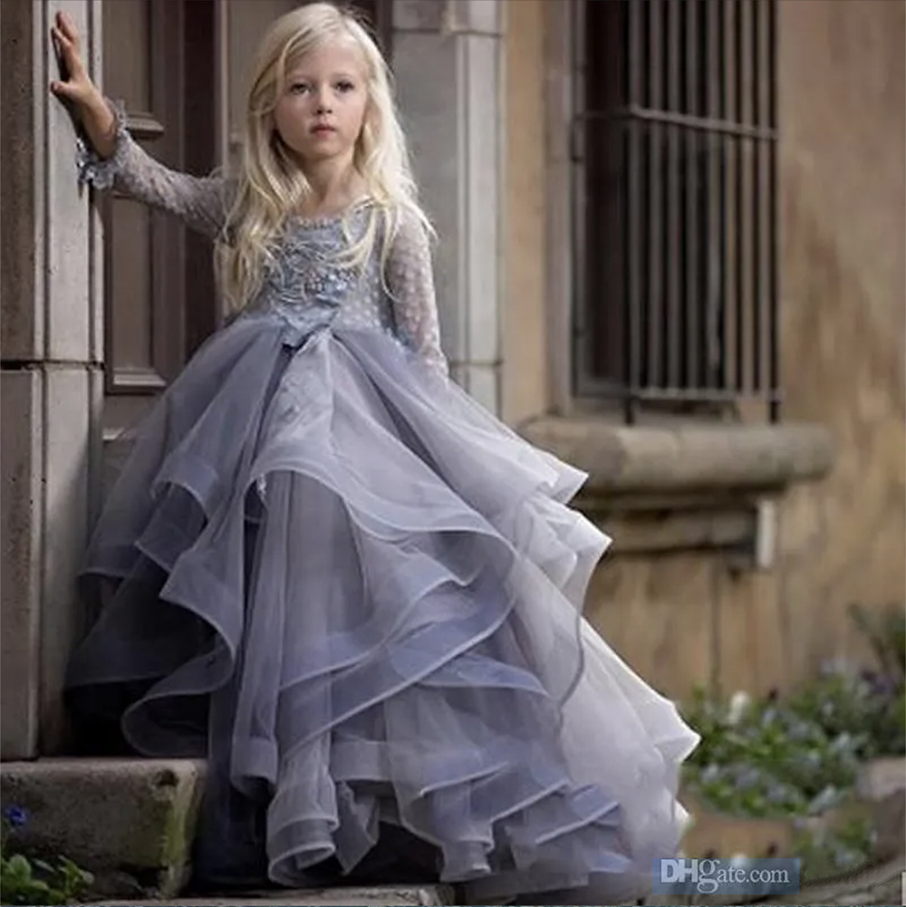 Tiered Tulle Little Pageant Dresses Jewel Neck Lace 3D ral Appliqued Pearl wer Girls Dress Modest Long Sleeve Kids Wedding Gowns