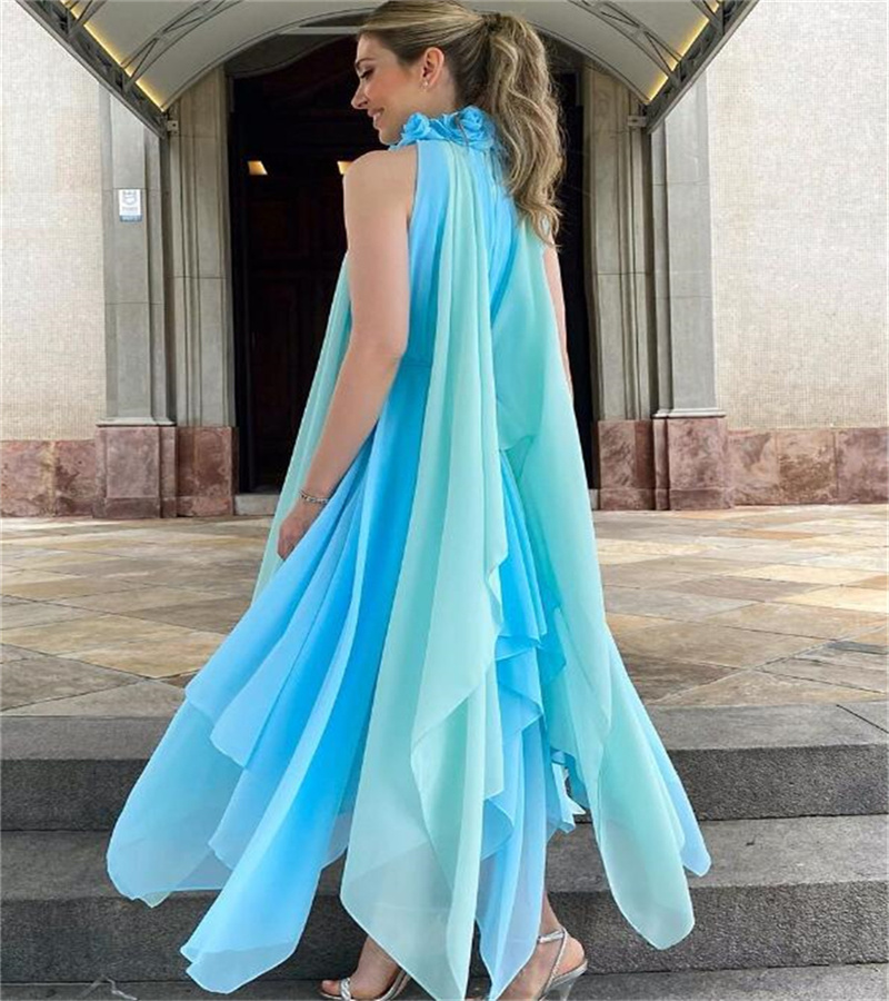 Contrast Blue Maxi Evening Dress 2023 Elegant High Neck Chiffon Flower Collar Boho Prom Dresses Chic Beach Arabic Modest Formal Vestidos De Noche Duba
