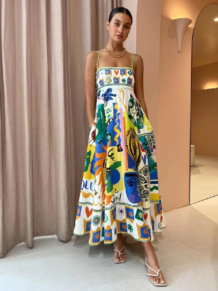 dress basic casual dresses elegant print colorful long dress women high waist spaghetti straps backless sexy aline ladies summer beach vaction robe de