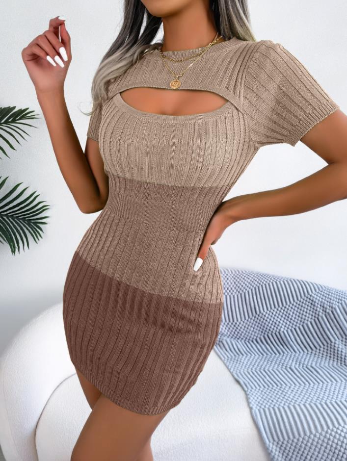 Fashion Women Casual Dresses Hollow Out Gradient Short Sleeve Knitted New Bodycon Dress