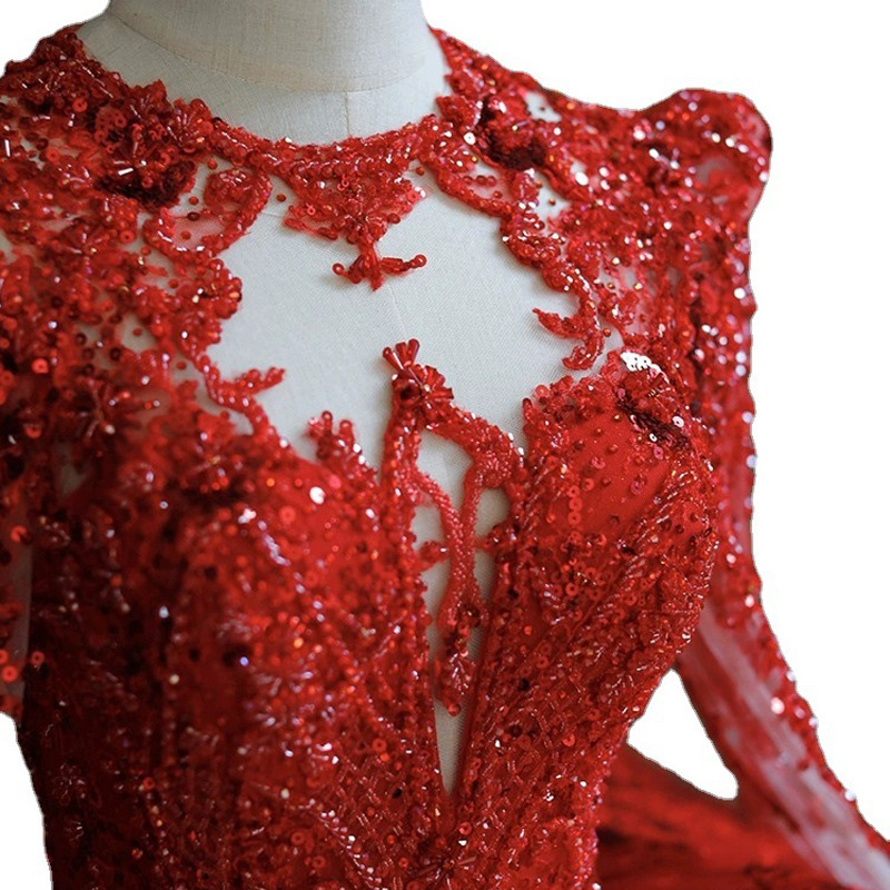 Arabic Dubai Red Women's Wedding Dress 2023 150cm Train O-neck Long Sleeves Beads Crystal Lace Ruffles Puffy Princess Muslim Bridal Gown Vestidos