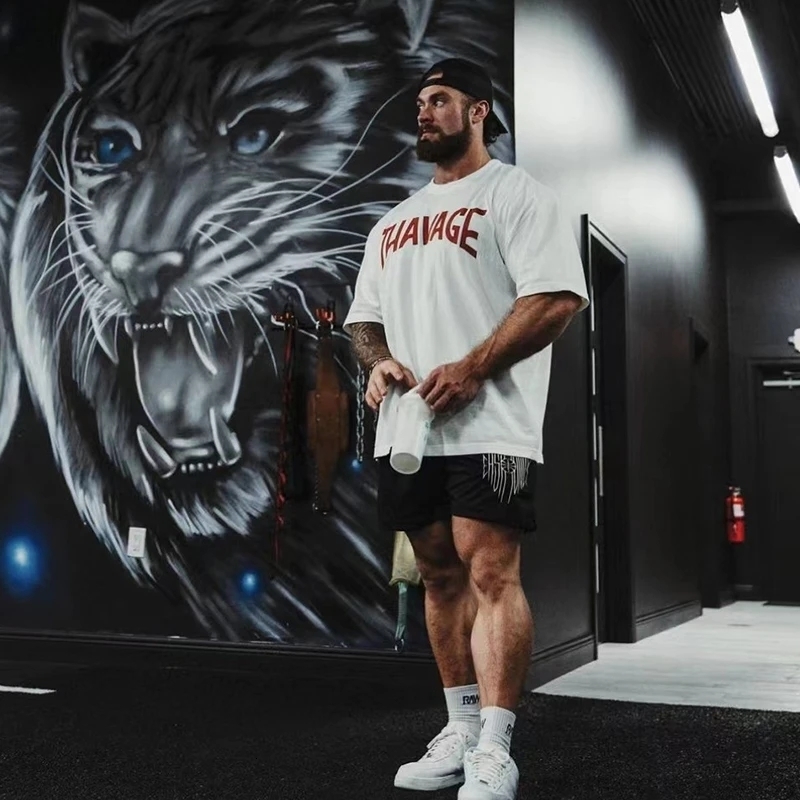 Men's T-Shirts Fitness Thavage Shirt Men Sports Loose Oversized T-shirt Short Sleeve Cotton Summer Men's Bodybuilding Workout Top Men's