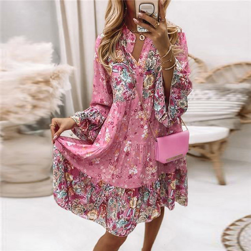 Basic Casual Dresses Womens Ladies Summer Smock Long Sleeve Floral Dress Holiday Beach Mini Loose Frill Spring VNeck Sundress For Women 230619