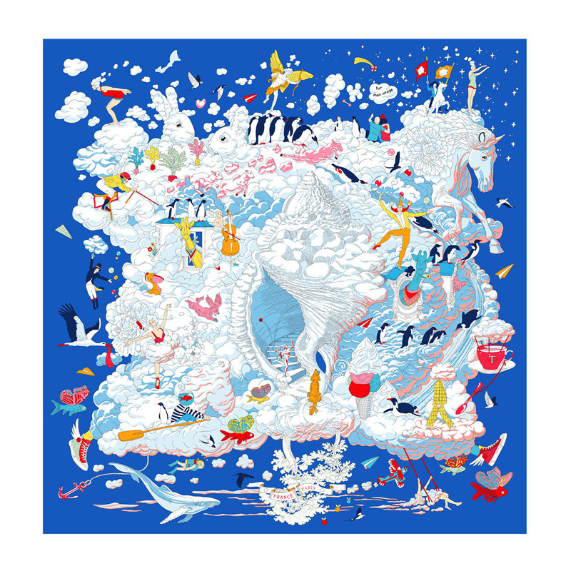 Silk Scarf Women Cloud Paradise Splicing Printing Square Scarves Head Echarpes Silk Foulards Femme Wraps Beach Shawls Bandana Lady Hijabs 90CM X 90CM