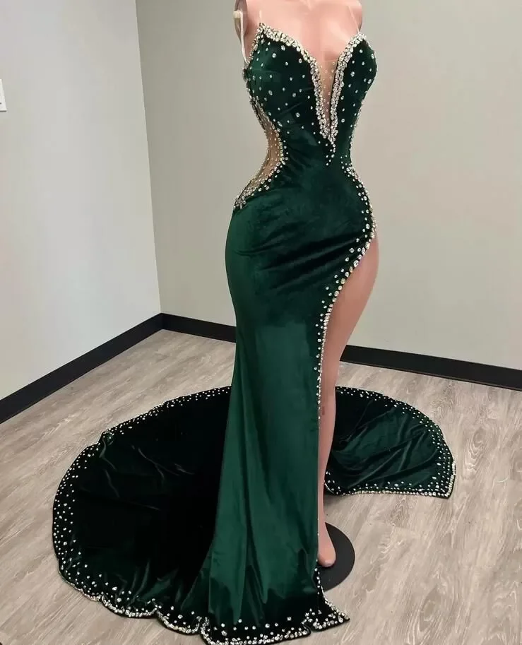 Prom Mermaid Dresses Beaded Plunging Neck Side Split Veet Rhies Stunning Gowns Sweep Train Plus Size Formal Wear BC