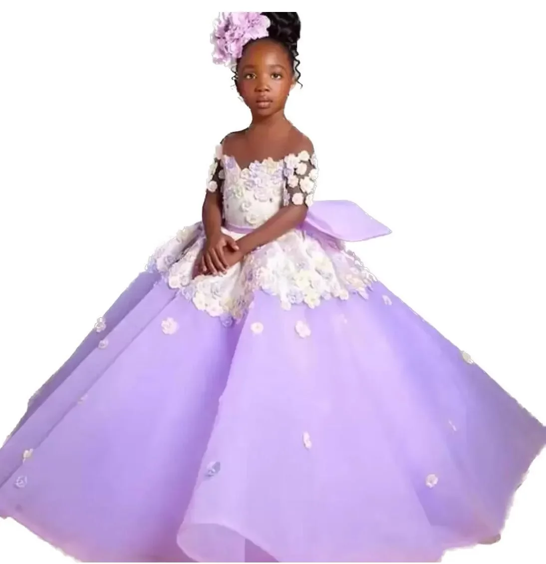 2023 Plus Size Lilac Sheer Neck Dresses Ball Gown Tulle Lilttle Kids Birthday Pageant Weddding Gowns Bc15050