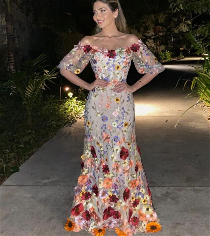 Fairy Colorful Florals Evening Dress 2023 Elegant Short Sleeve Mermaid Prom Dresses Chic Formal Occasion Birthday Party Gowns Vestidos De Noche Birthd