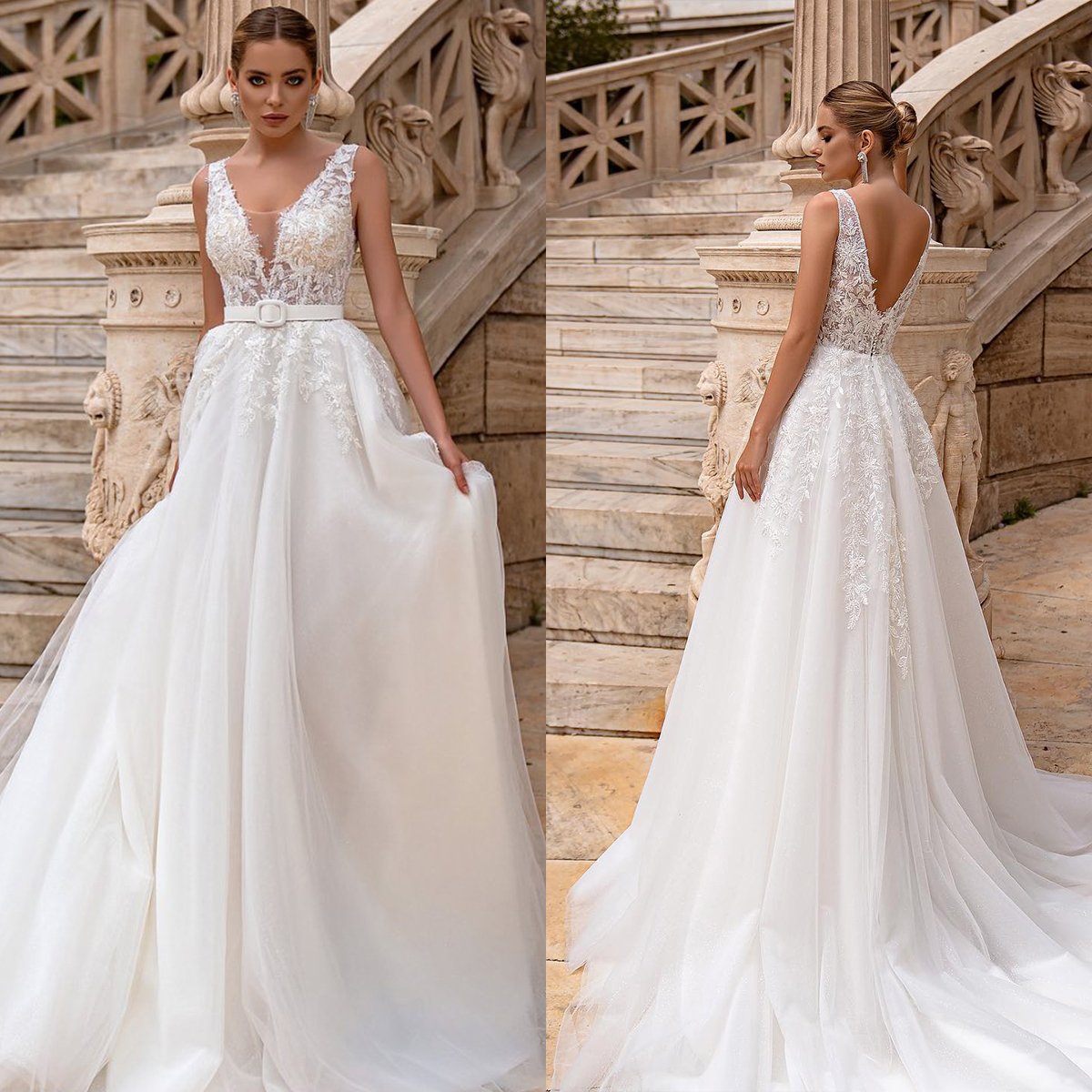 Elegant A-line Wedding Dresses V-neck Sleeveless Lace Applicants Tulle Belt Backless Court Gown Custom Made Zipper Plus Size Bridal Dress Vestidos De 