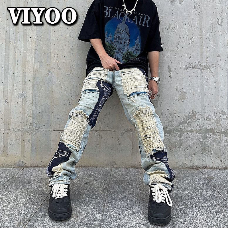Men's Jeans Spring Y2K Men's Vintage Ripped Jeans Clothes Fashion Trousers Cross Splicing Streetwear Straight Baggy Trousers Pants For Men 2