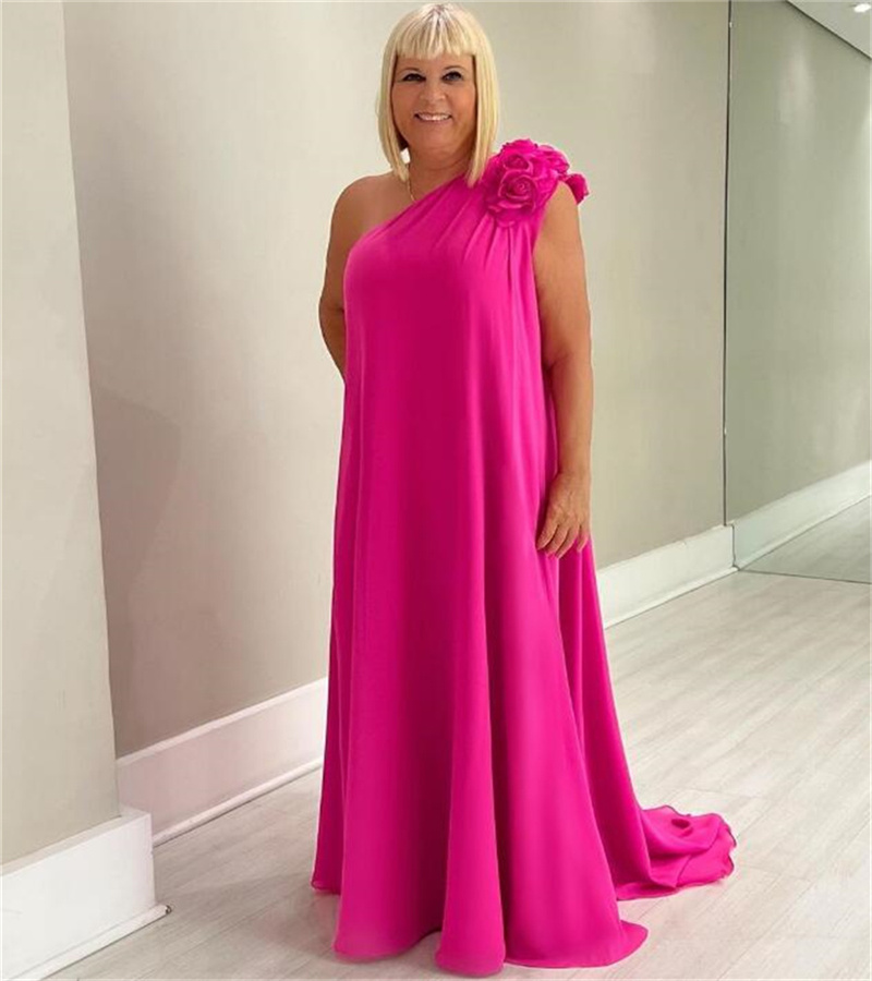 Hot Pink Plus Size Mother Of The Bride Dress One Shoulder Florals Elegant Boho Beach Wedding Guest Dress Evening Prom Party Dresses 2023 Groom Mom Dre