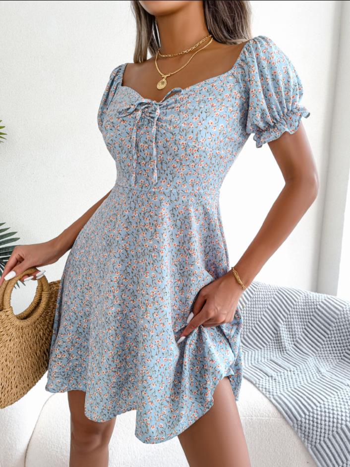 Designer New Fashion Women Casual Dresses Ruffles Short Sleeve Floral Print A Line Dress