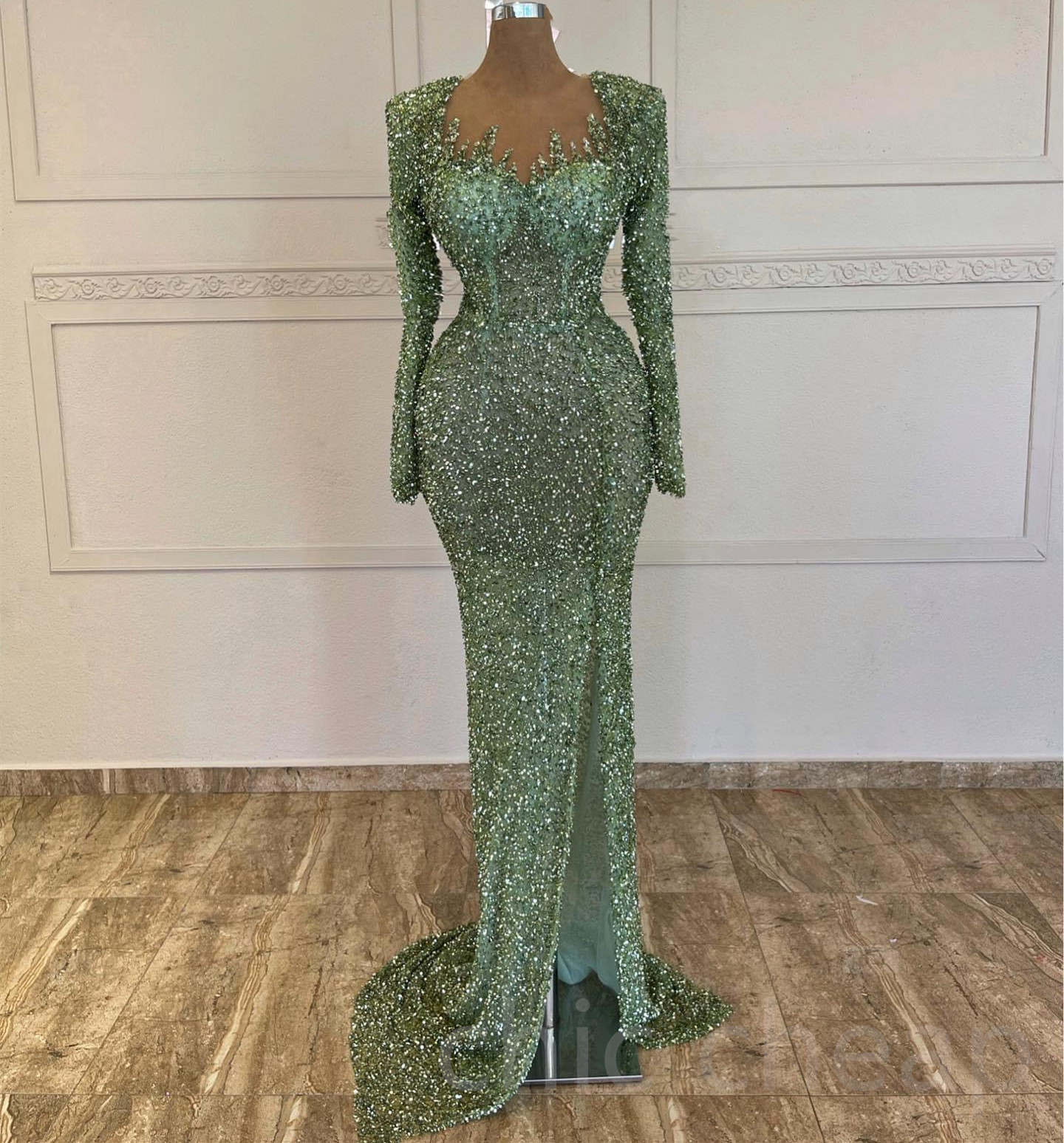 Aso Ebi Mermaid Sequined Lace Prom Dress Sheer Neck Evening Formal Party Second Reception Birthday Bridesmaid Engagement Gowns Dresses Robe De Soiree