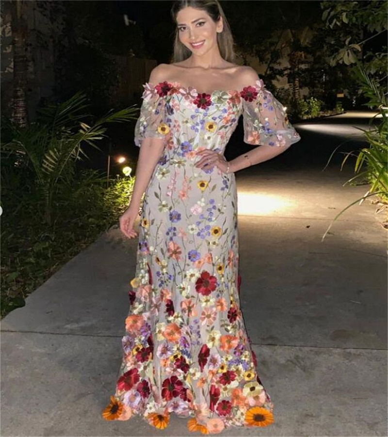 Fairy Colorful Florals Evening Dress 2023 Elegant Short Sleeve Mermaid Prom Dresses Chic Formal Occasion Birthday Party Gowns Vestidos De Noche Birthd