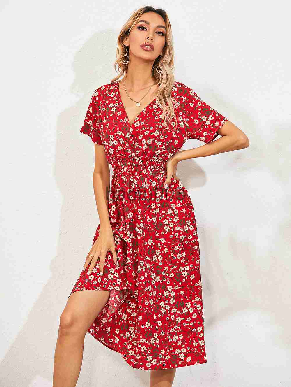Casual Dresses Elegant Printed Casual Beach Midi Dresses Women Summer V-neck Short Sleeve Empire Waist A-Line Dress Sundress Vestido Robes 9966 J23061