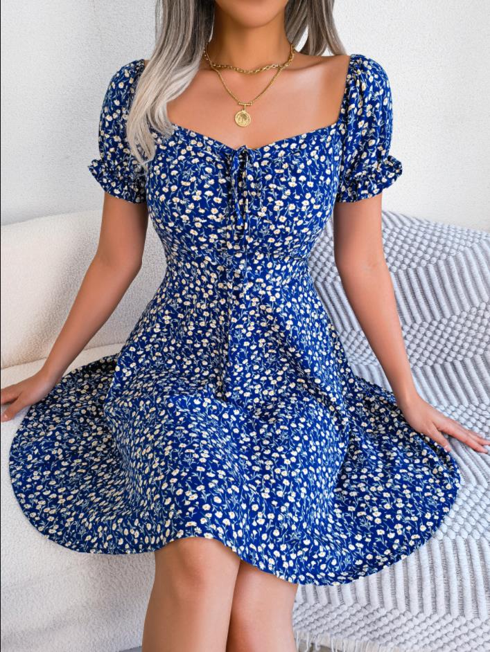 Designer New Fashion Women Casual Dresses Ruffles Short Sleeve Floral Print A Line Dress