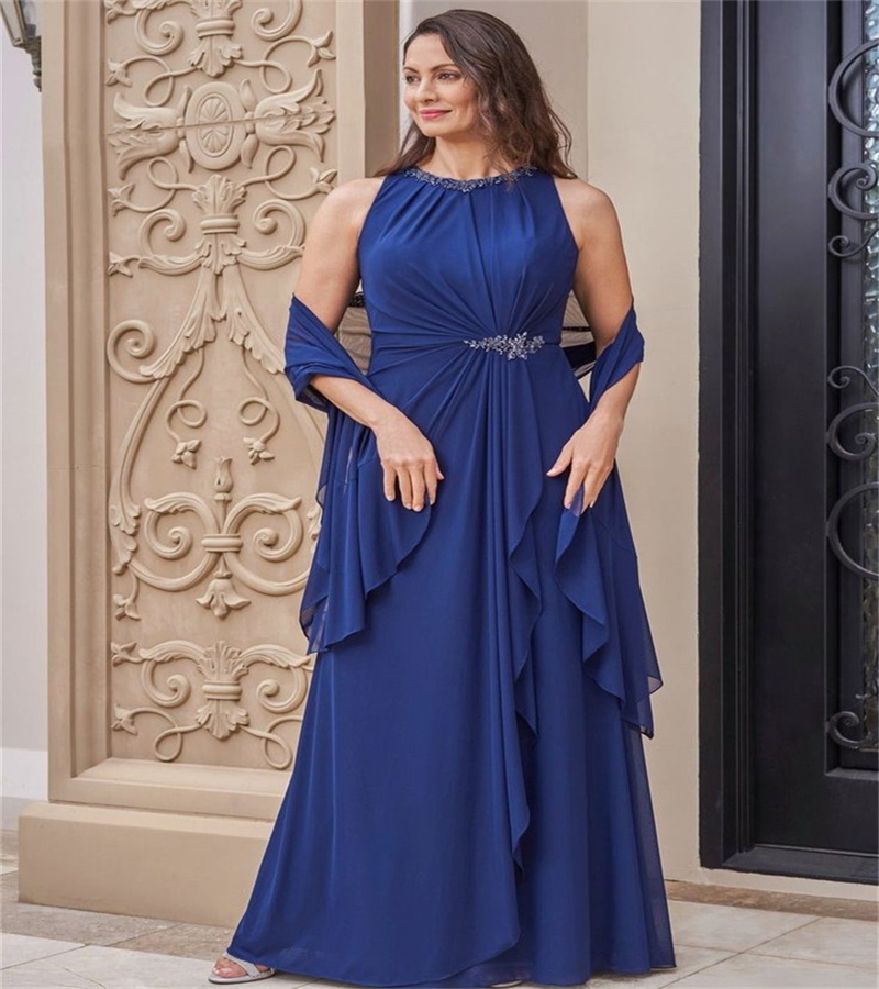 Elegant Royal Blue Mother Of The Bride Dress With Wrap Modest Floor Length Chiffon Long Wedding Guest Dress Beaded Mom Evening Formal Occasion Party G