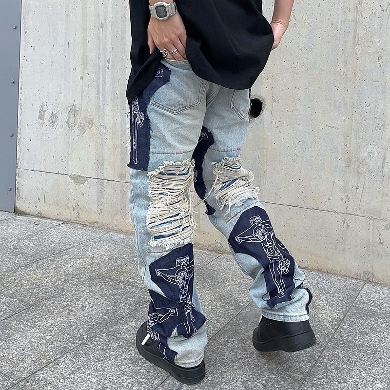 Men's Jeans Spring Y2K Men's Vintage Ripped Jeans Clothes Fashion Trousers Cross Splicing Streetwear Straight Baggy Trousers Pants For Men 2