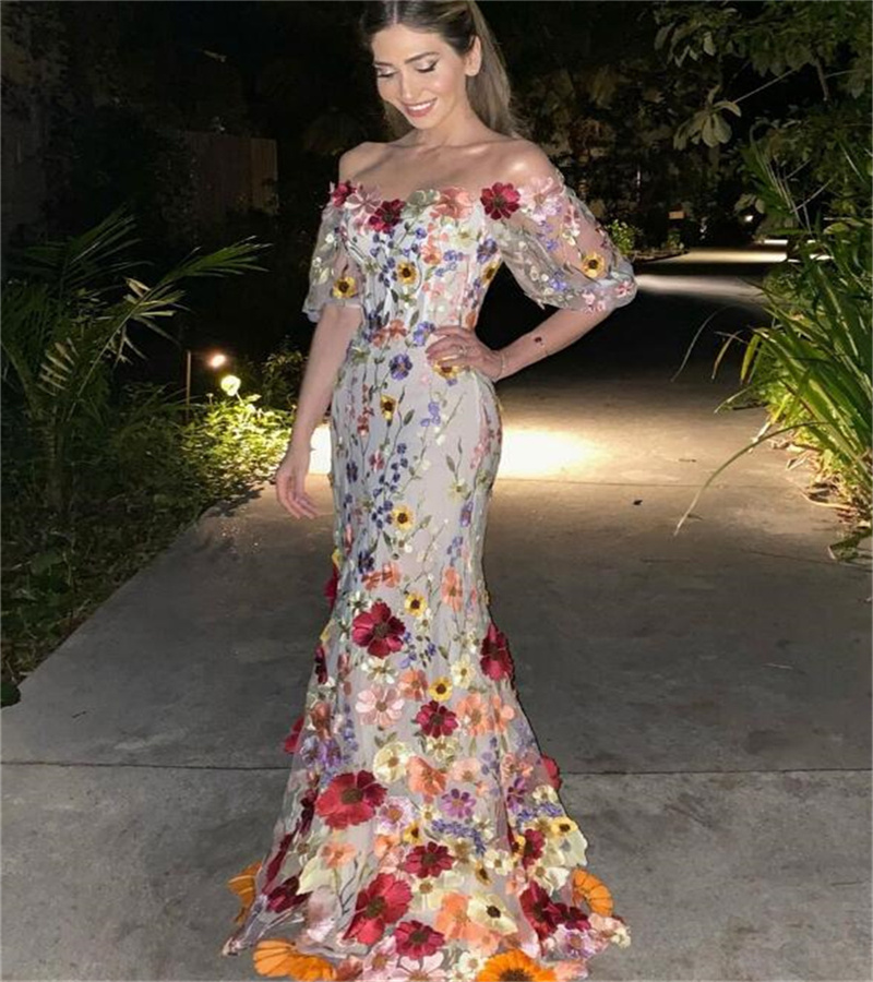 Fairy Colorful Florals Evening Dress 2023 Elegant Short Sleeve Mermaid Prom Dresses Chic Formal Occasion Birthday Party Gowns Vestidos De Noche Birthd