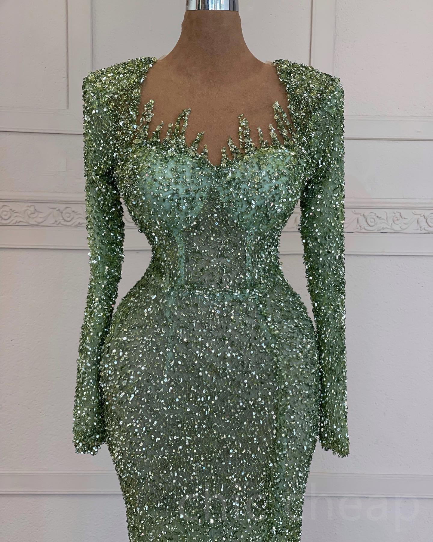 Aso Ebi Mermaid Sequined Lace Prom Dress Sheer Neck Evening Formal Party Second Reception Birthday Bridesmaid Engagement Gowns Dresses Robe De Soiree