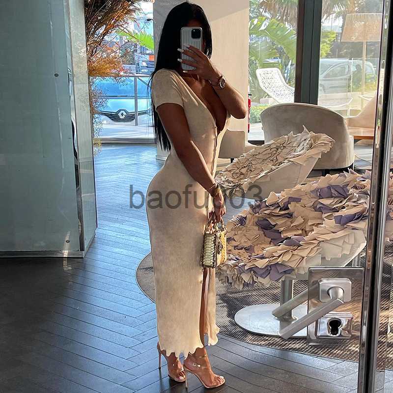 Casual Dresses Women Fashion Solid Elegant Maxi Dress V-neck Short Sleeve Single Breasted Body-Shaping Robe Female Streetwear Clothing J230619