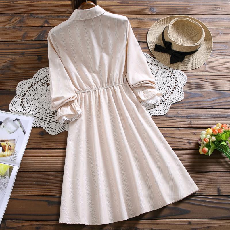 Casual Dresses Arrival Spring Autumn Women Clothing Turn-Down Collar Ribbon Apricot Plaid Dress Mori Girl Flare Sleeve Elegant Shirt