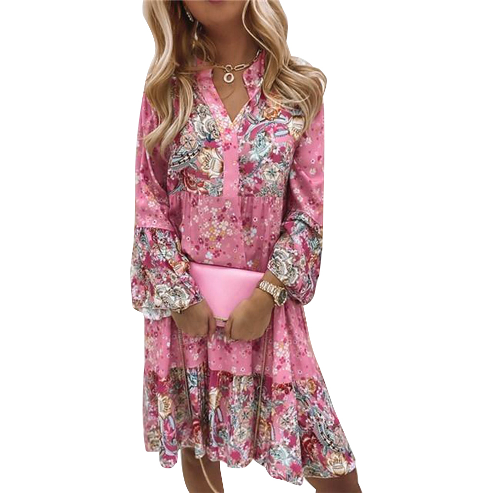 Basic Casual Dresses Womens Ladies Summer Smock Long Sleeve Floral Dress Holiday Beach Mini Loose Frill Spring VNeck Sundress For Women 230619