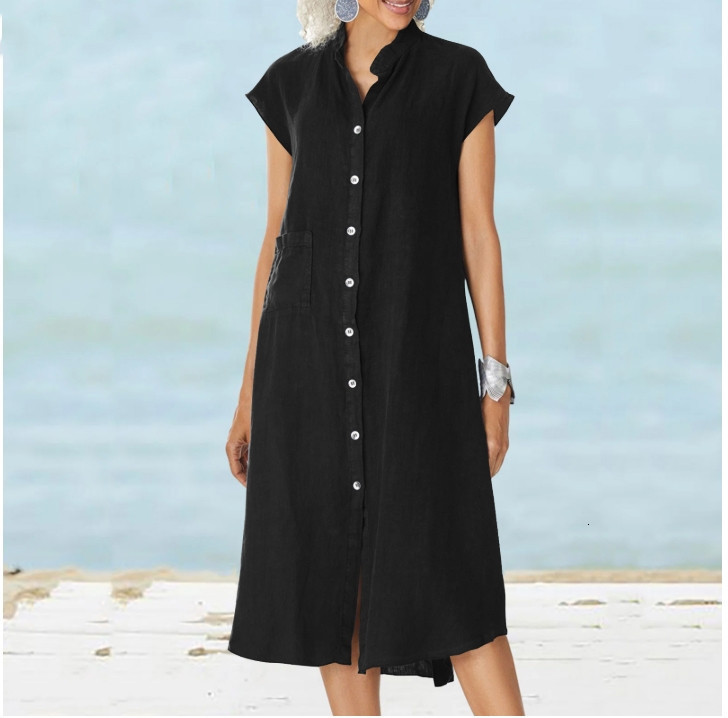 Basic Casual Dresses Womens Buttondown Cotton En Loose Dress With Pocket Ladies Solid Buttoned Cover UP Shirt