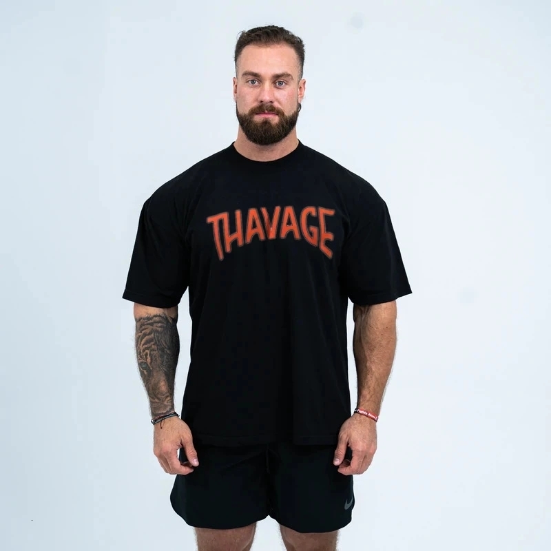 Men's T-Shirts Fitness Thavage Shirt Men Sports Loose Oversized T-shirt Short Sleeve Cotton Summer Men's Bodybuilding Workout Top Men's