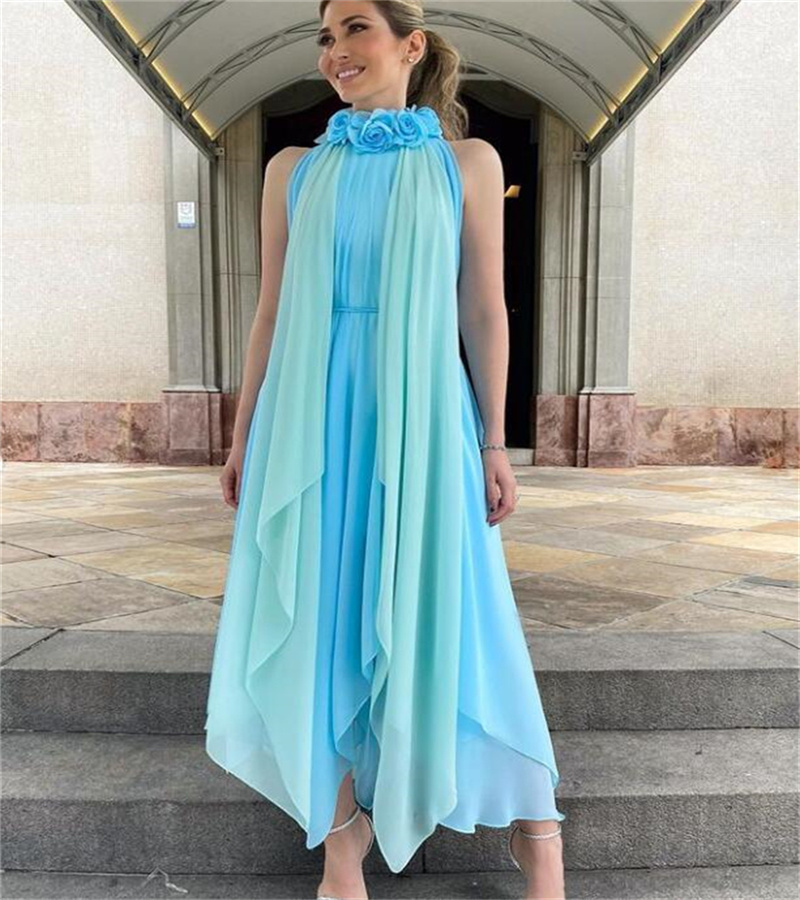 Contrast Blue Maxi Evening Dress 2023 Elegant High Neck Chiffon Flower Collar Boho Prom Dresses Chic Beach Arabic Modest Formal Vestidos De Noche Duba