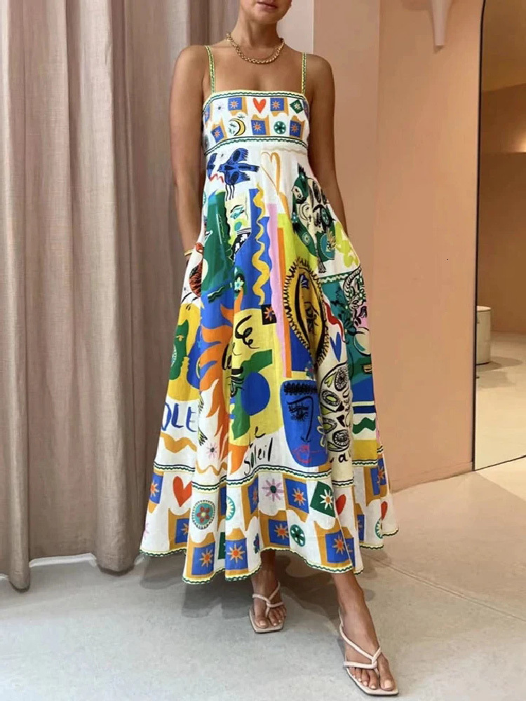 dress basic casual dresses elegant print colorful long dress women high waist spaghetti straps backless sexy aline ladies summer beach vaction robe de