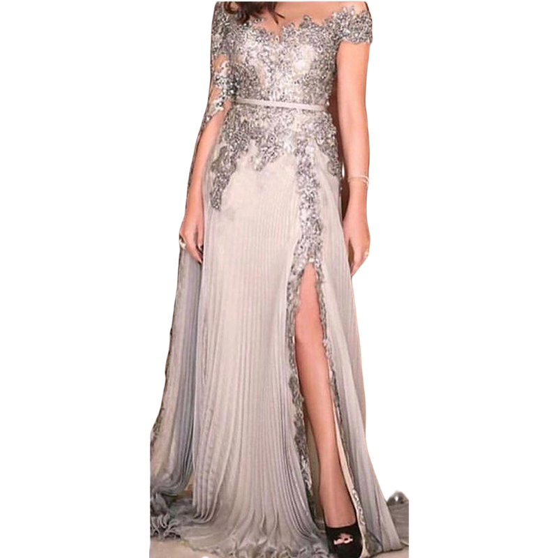 Elegant Chiffon A e Formal Party Gowns for Women 2025 Gray Lace Appliques Beaded Side Split Sexy Prom Evening Dress