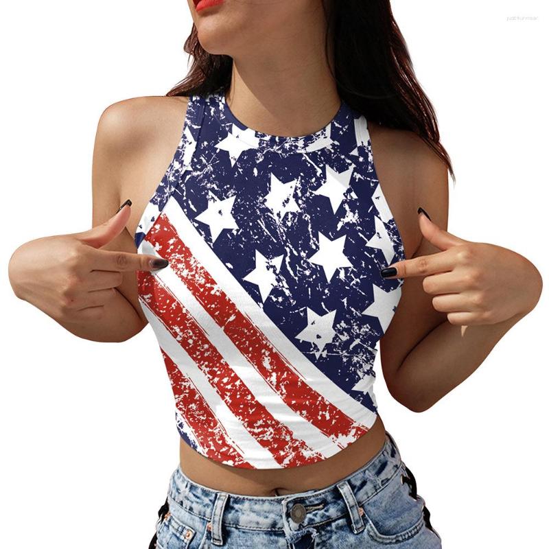 Women's T Shirts Summer July 4th Crop Top Vest Women Independence Day Flag Sleeveless Off-the-shoulder Tank Girl Short Camisole Sun-top