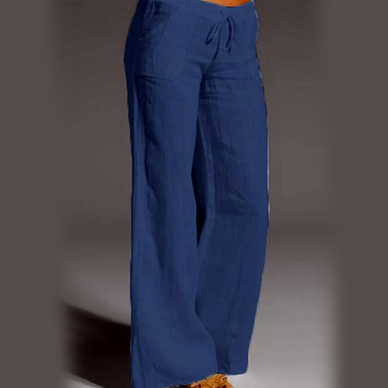 Pants S Women's Summer Women Vintage Solid Color Elastic Waist Cotton Linen Trousers Casual Lady Loose Wide Leg 2