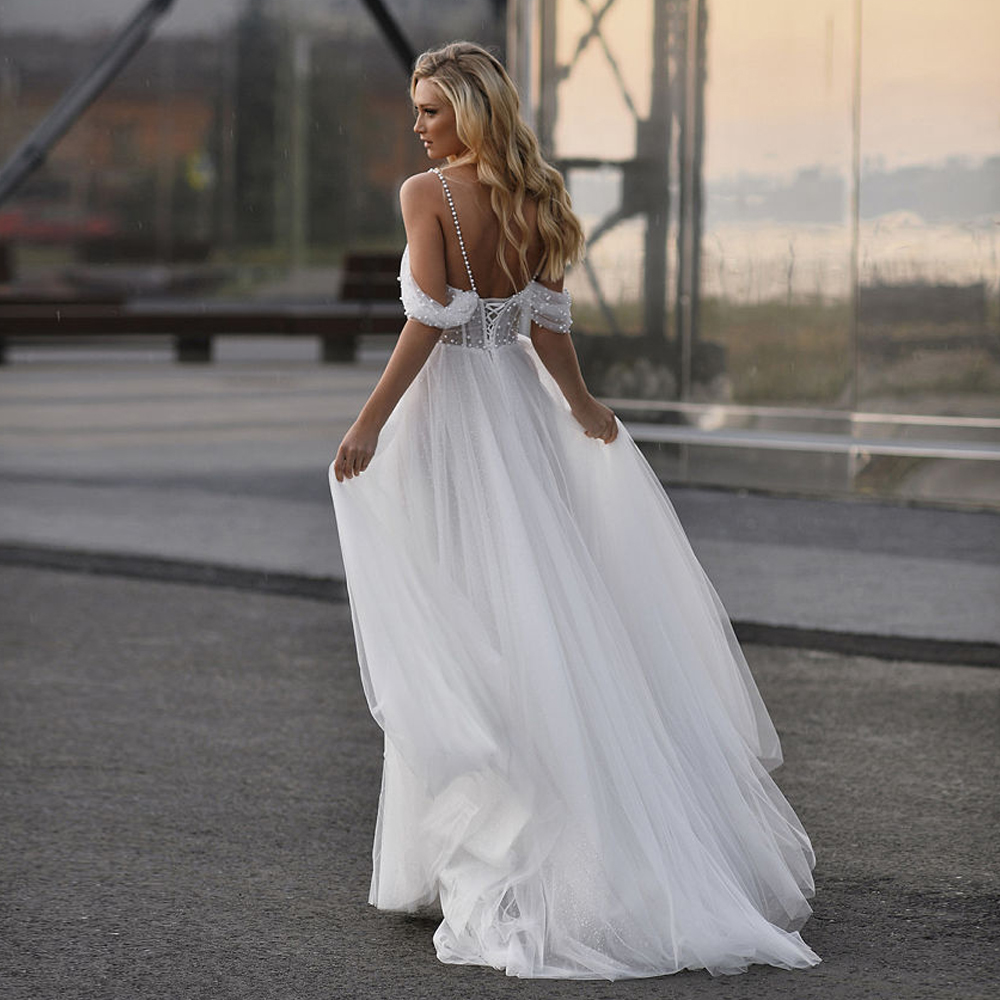 Glitter Spaghetti Strap Pearls Wedding Bridal Dress Off Shoulder Side Split Bride Gown Lace Up Back Bohemian vestido de mariee