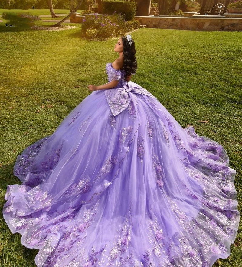2024 New Lavender Quinceanera Dresses With Bow Applique Vestidos De 15 Anos Tulle Lace Beading Mexican Girls Birthday Gowns 0218