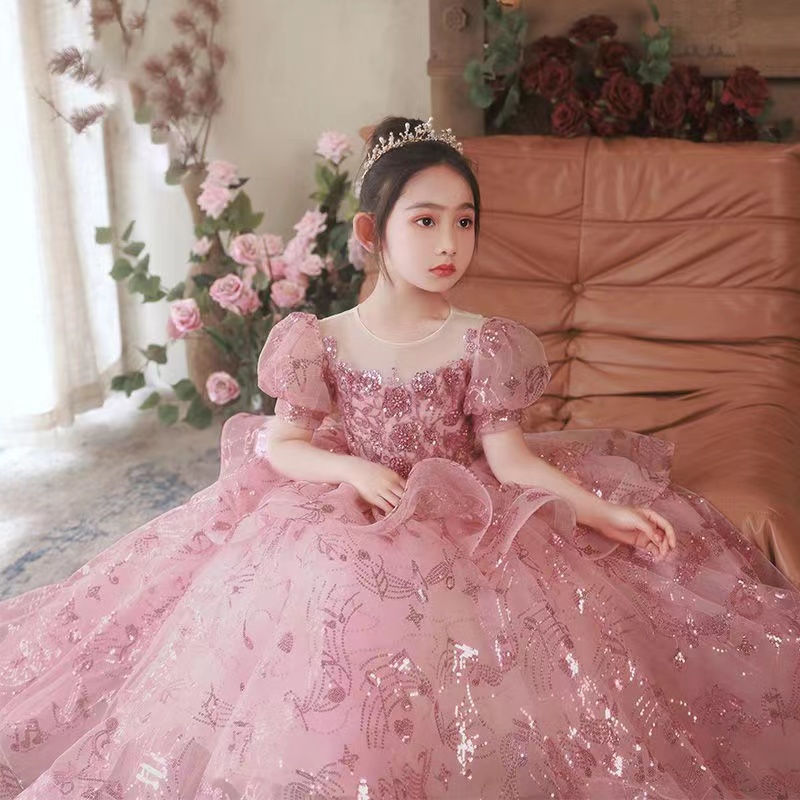 Glitter Pink Flower Sequin Baby Girl Square Puffy Dresses For Girls Birthday Party Gown Kids Formal Wear Shiny Christmas Tutu Dress 403
